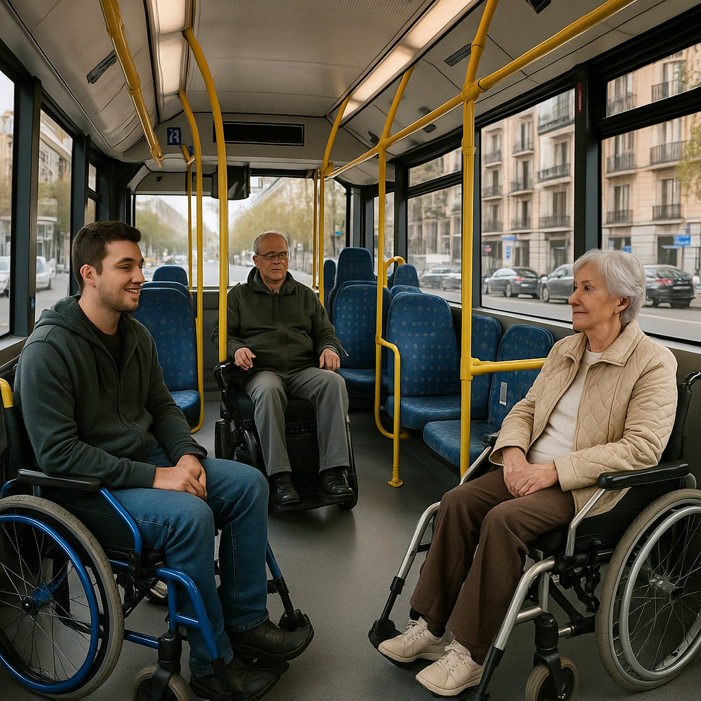 Accessible Bus Hire for Reduced Mobility in Madrid Inside view of a spacious, accessible bus with wheelchair users comfortably seated in Madrid. Alt: Accessible bus hire for reduced mobility Madrid interior experience.