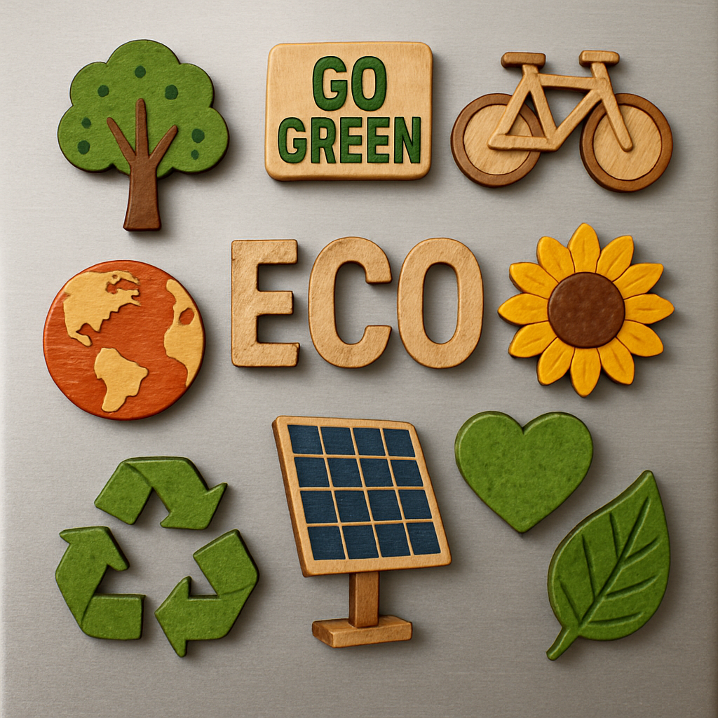 A variety of eco-friendly wooden and recycled material refrigerator magnets arranged on a kitchen fridge door, showing colorful and natural designs. Alt: Eco-friendly and sustainable magnets for refrigerator doors made from wood and recycled materials.