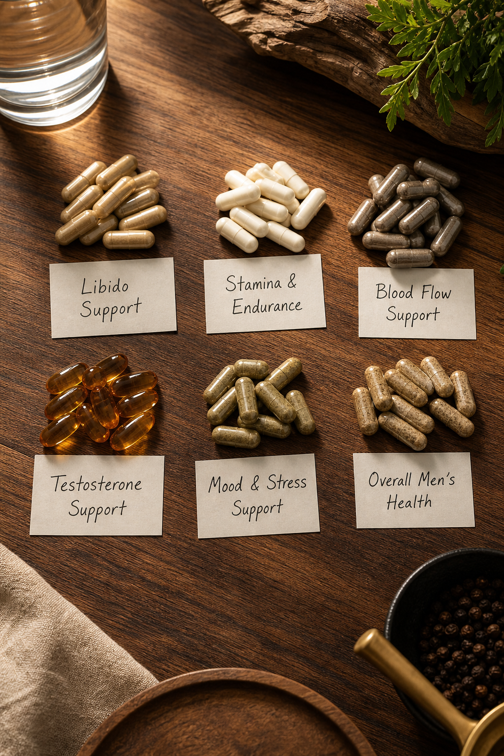 A photorealistic flat-lay of various natural supplement capsules arranged by category on a clean wooden surface, with small handwritten labels, warm ambient lighting. Alt: choosing the right male enhancement supplement formula for beginners based on specific sexual health goals.