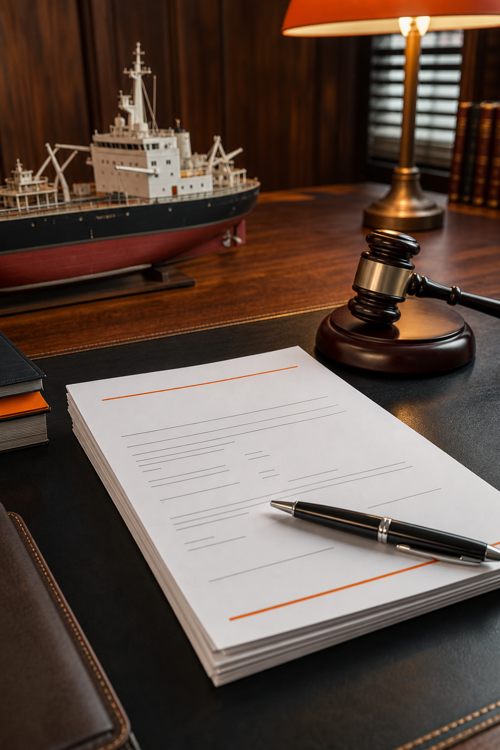 A photorealistic close-up of a maritime attorney's desk with a fee agreement document, a pen, a gavel, and a small model ship, warm office lighting with wooden textures in the background. Alt: maritime law firm fee agreement on attorney's desk.