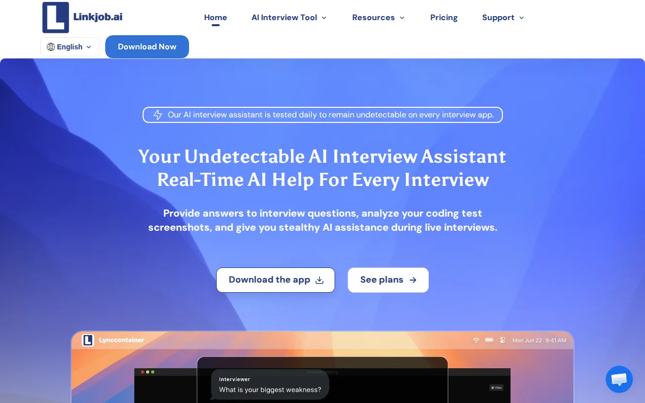 Screenshot of the Linkjob AI Interview Assistant website