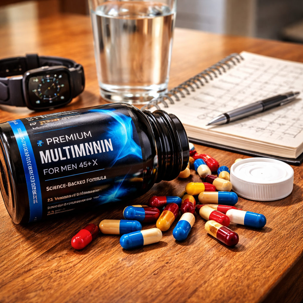 Nuradiant Men’s Multivitamin capsules on a wooden surface beside a glass of water, a smartwatch, and a notebook titled ‘Daily Vitality.’