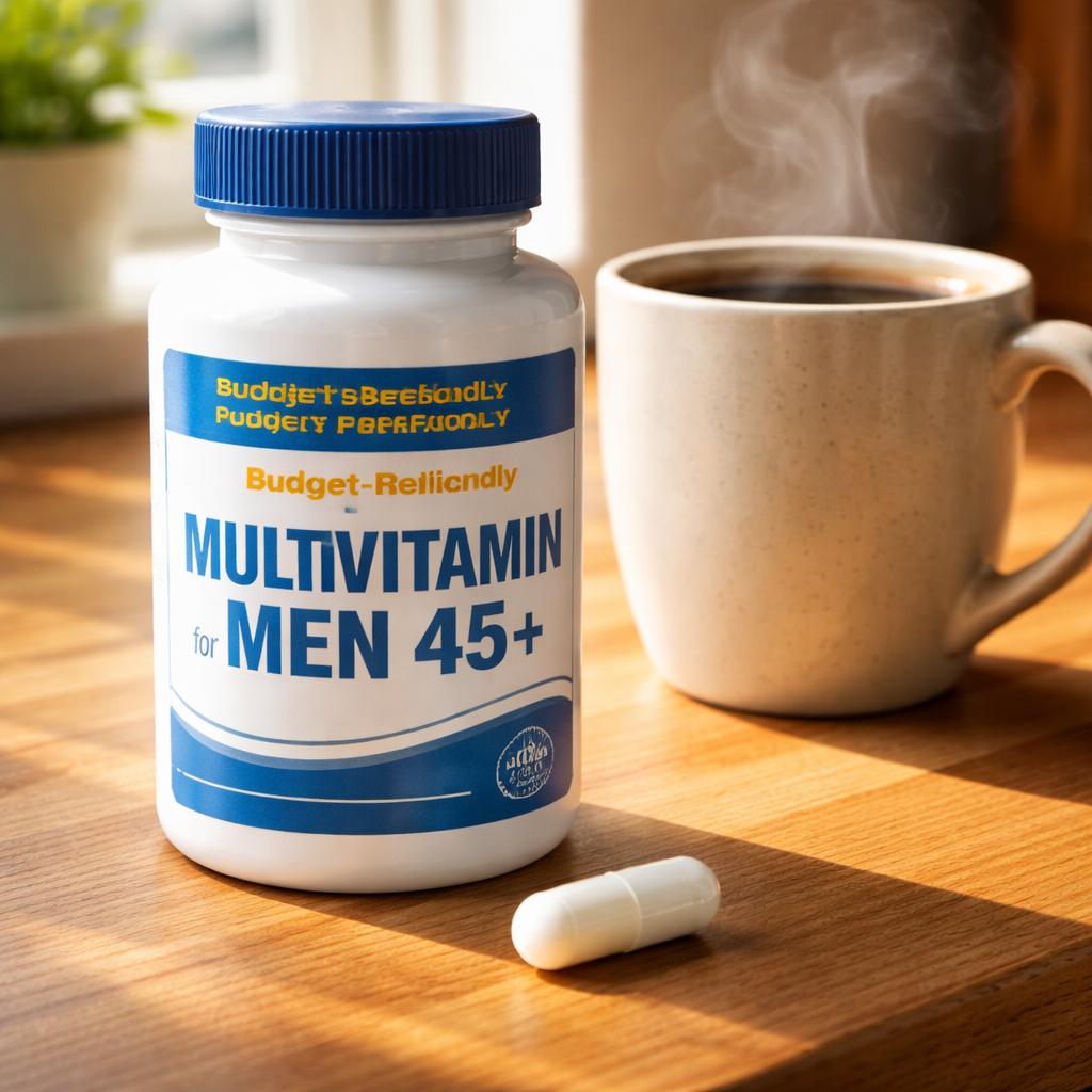 A single capsule of a budget-friendly multivitamin on a kitchen counter beside a coffee mug, highlighting its affordable price tag.
