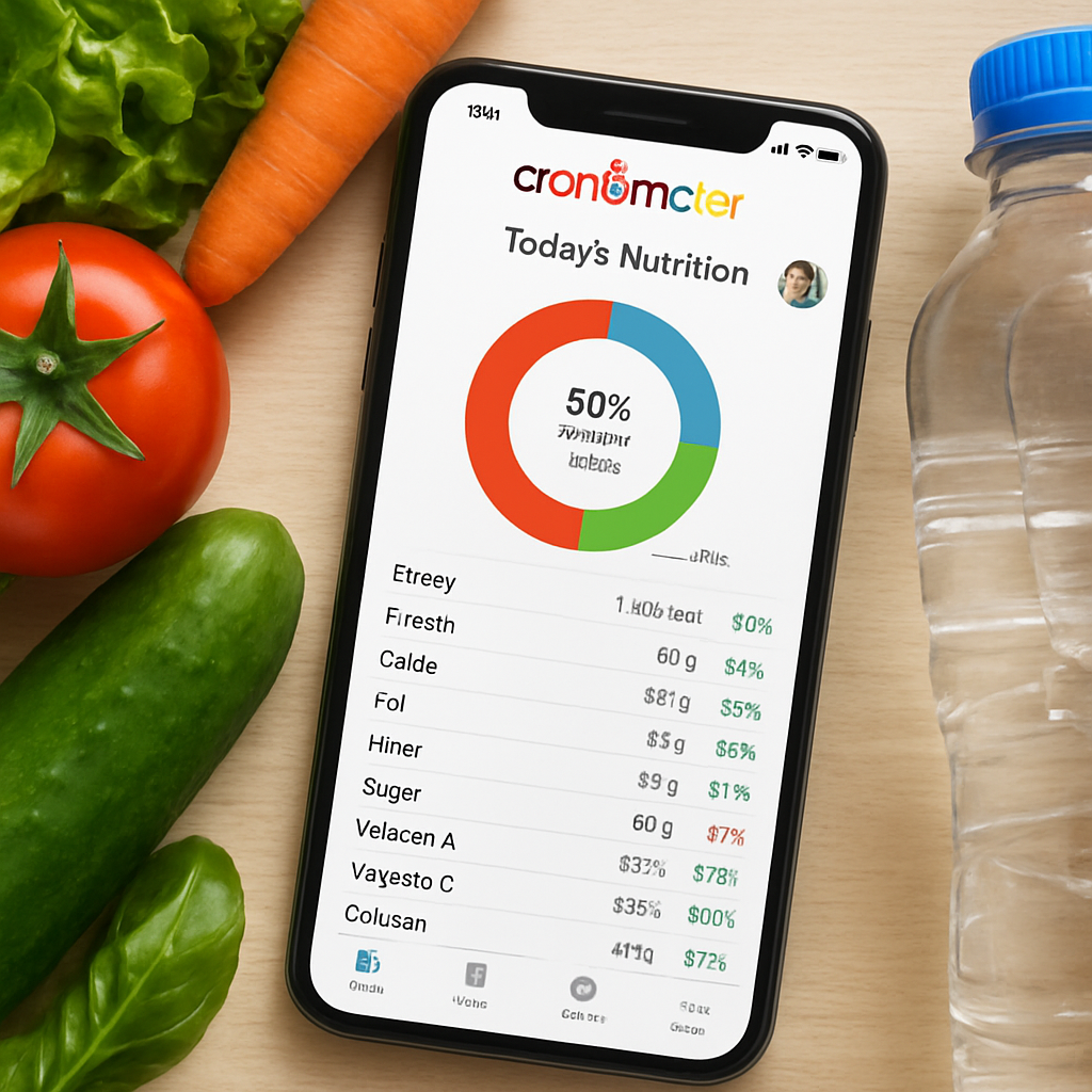A close‑up of a smartphone screen showing Cronometer’s detailed nutrient breakdown chart, with fresh vegetables and a water bottle beside it. Alt: Detailed nutrient tracking app screenshot with healthy food.