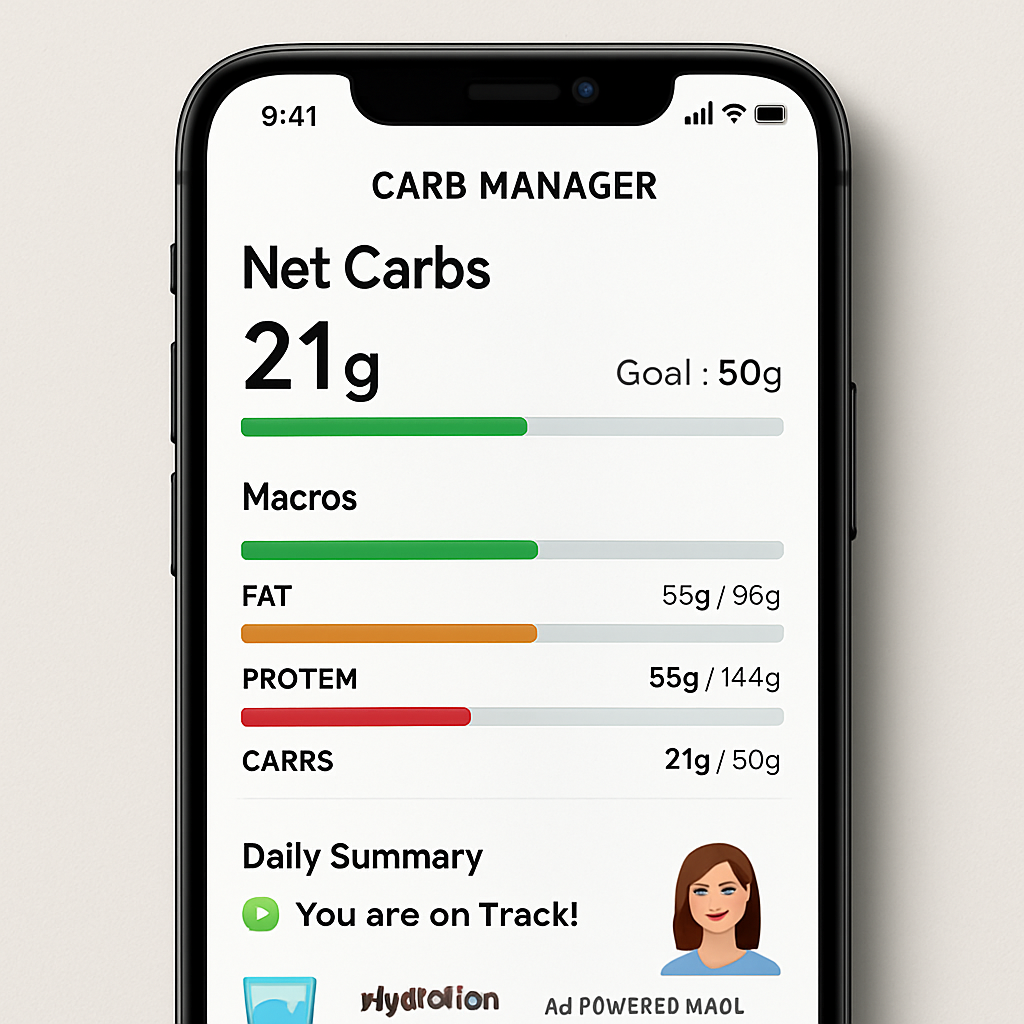A sleek smartphone screen displaying Carb Manager’s net‑carb dashboard with green, amber, and red bars indicating macro balance. Alt: Carb Manager low‑carb tracking app showing net carbs and macro ratios.
