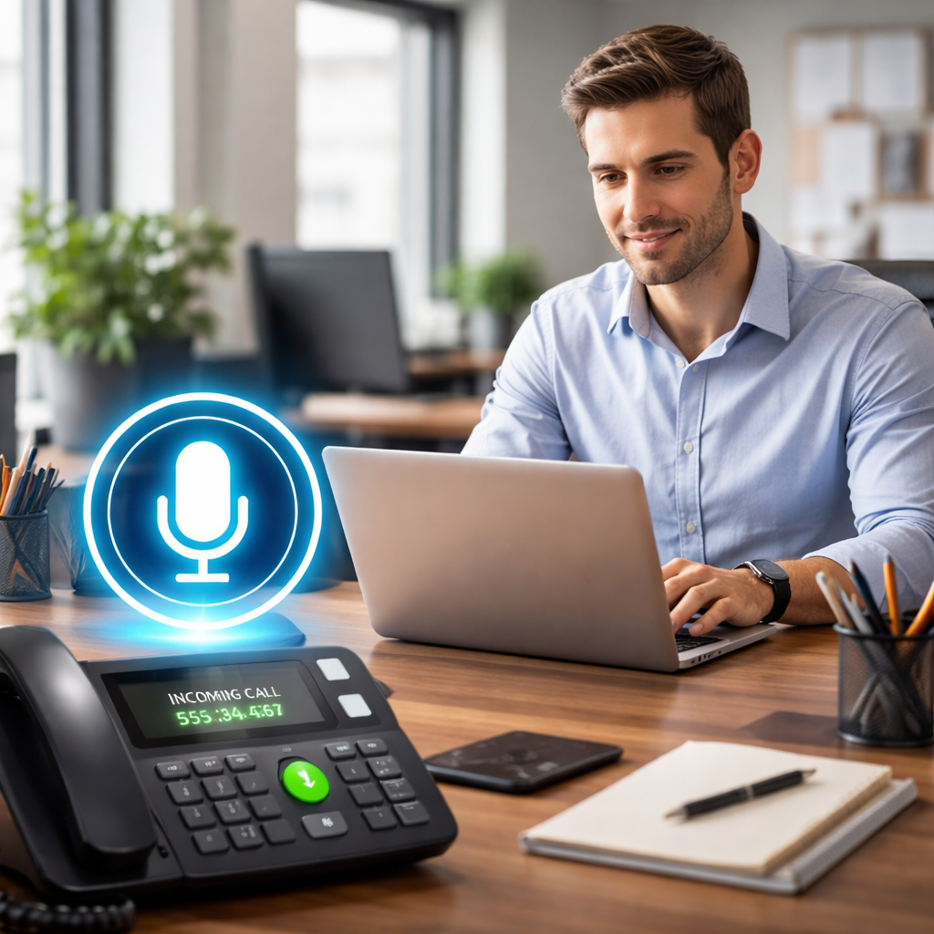A photorealistic office scene showing a sleek desktop with a glowing AI voice assistant icon, a ringing phone, and a small business owner confidently working on a laptop. Alt: best ai phone answering service illustration in realism style.