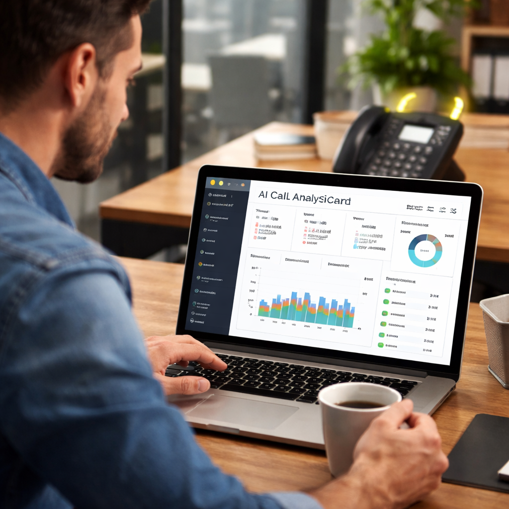 A photorealistic office scene showing a small business owner watching a real‑time AI call analytics dashboard on a laptop, with a phone ringing in the background. Alt: best ai phone answering service dashboard visualized in realistic style.