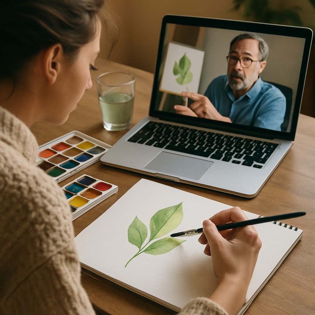 A cozy art student engaged in a live watercolor workshop, holding a brush mid-stroke, with a laptop showing an instructor providing live feedback. Alt: Interactive watercolor workshop with personalized feedback helping beginners improve painting skills.
