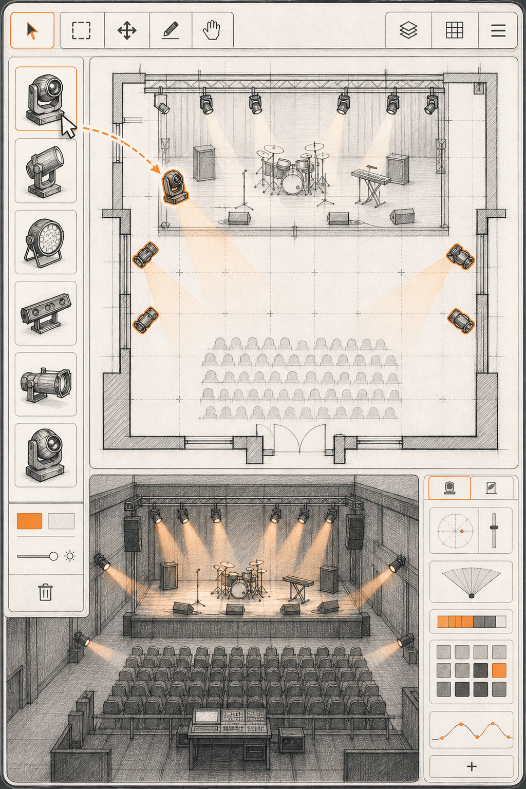 Top prix licences logiciels lighting plot petite salle 2026 1 Interface de LightStagePlot montrant un plan de scène avec des projecteurs glissés par drag-androp, une petite salle de concert en arrière-plan en sketch. Alt: Interface de LightStagePlot pour lighting plot petite salle