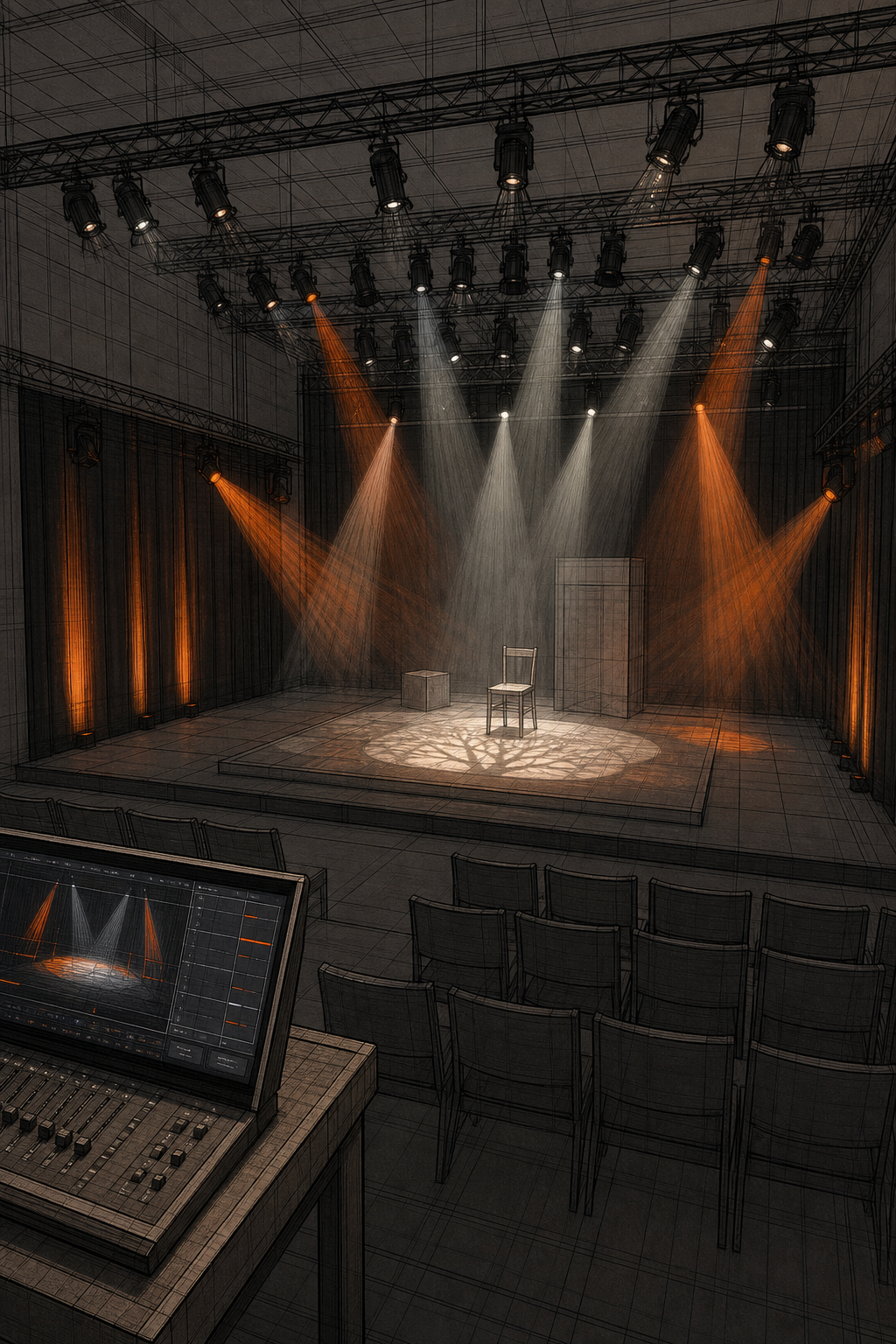 Top prix licences logiciels lighting plot petite salle 2026 2 Visualisation 3D d'une petite scène avec des projecteurs en action, style sketch. Alt: Capture lighting software visualisation pour petite salle