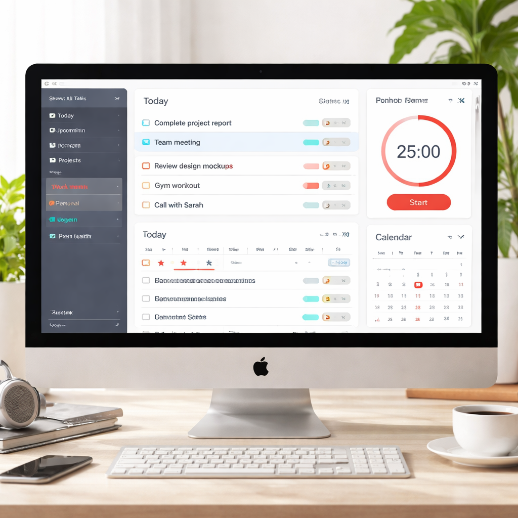 A clean desktop screen showing a task‑management app with a Pomodoro timer, calendar view, and tag filters. Alt: Task management app dashboard with focus features.