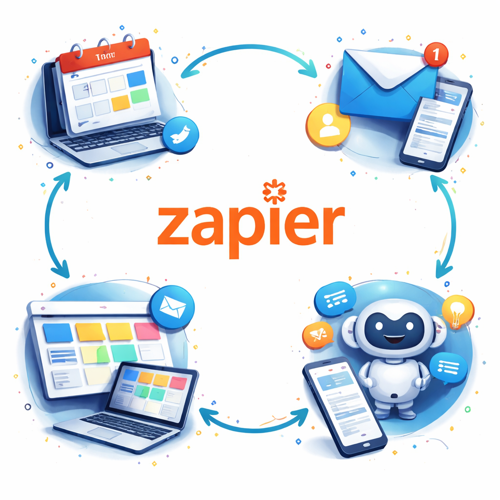 An illustrated workflow diagram showing Zapier icons linking a calendar, email, task board, and AI chatbot, Alt: Visual guide to automation and integration apps for productivity