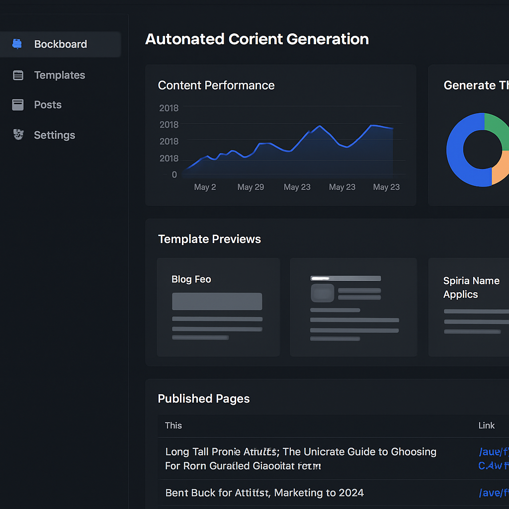 A sleek dashboard view of an automated content generation platform with charts, template previews, and a list of published pages. Alt: Automated content generator tool interface.