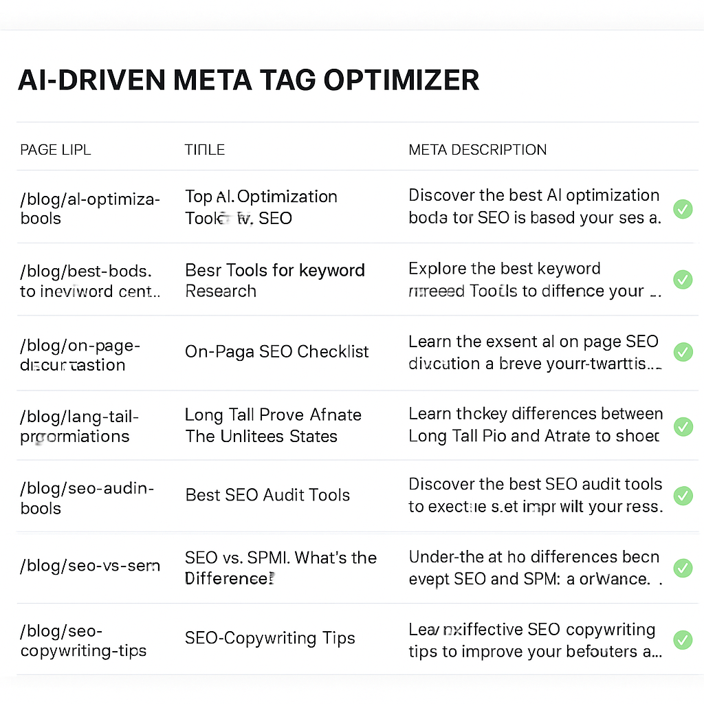 An AI dashboard displaying a bulk list of page URLs with automatically generated title and meta description fields, highlighting green checkmarks for SEO‑friendly length. Alt: AI‑driven meta tag optimizer generating SEO‑ready titles and descriptions at scale