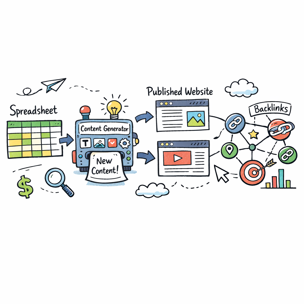A doodle illustration of a dashboard showing a spreadsheet feeding into a content generator, with arrows pointing to published web pages and a network of backlink icons, all styled in a playful hand‑drawn doodle aesthetic, appealing to digital marketers and SEO specialists.