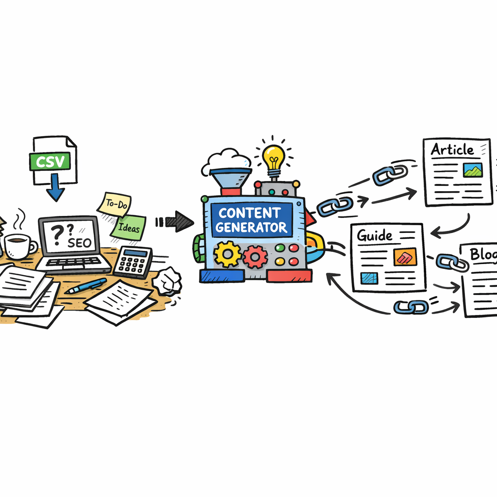 A Doodle image showing a cluttered desk transforming into a clean, automated workflow. A CSV file flows into a colorful content generator, spawning multiple interconnected pages with backlink icons, all drawn in playful hand-drawn lines. Alt: Doodle of programmatic SEO tools workflow for content research and generation.