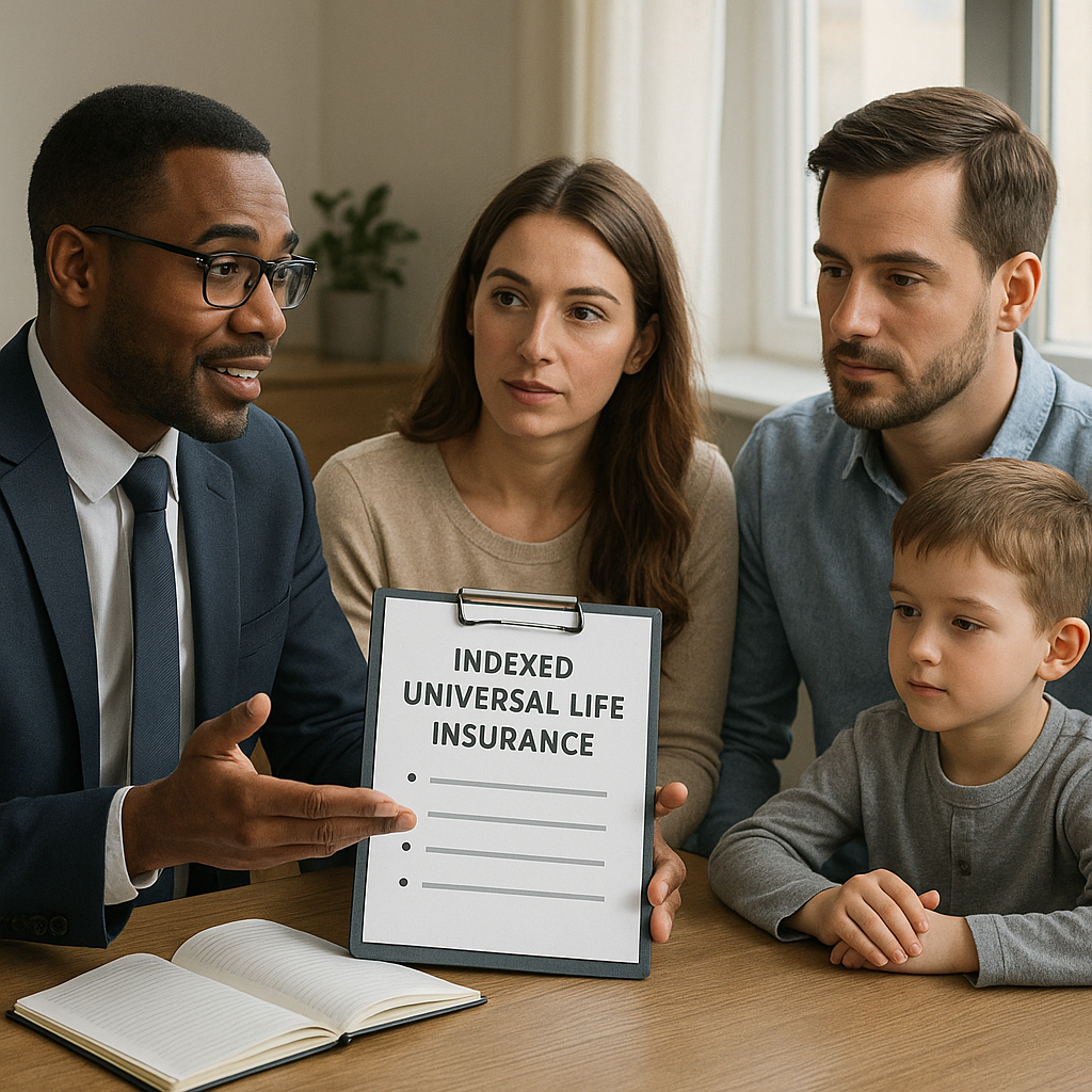 High-quality visual of a financial planner discussing indexed universal life insurance with a family. Alt: Illustrated family reviewing best indexed universal life insurance policies for financial security.