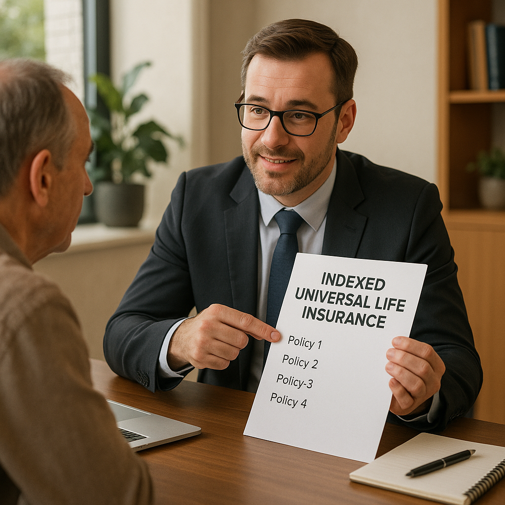 Illustration of an insurance agent showing indexed universal life insurance options to a client. Alt: Best indexed universal life insurance policies explained by advisor for secure retirement.
