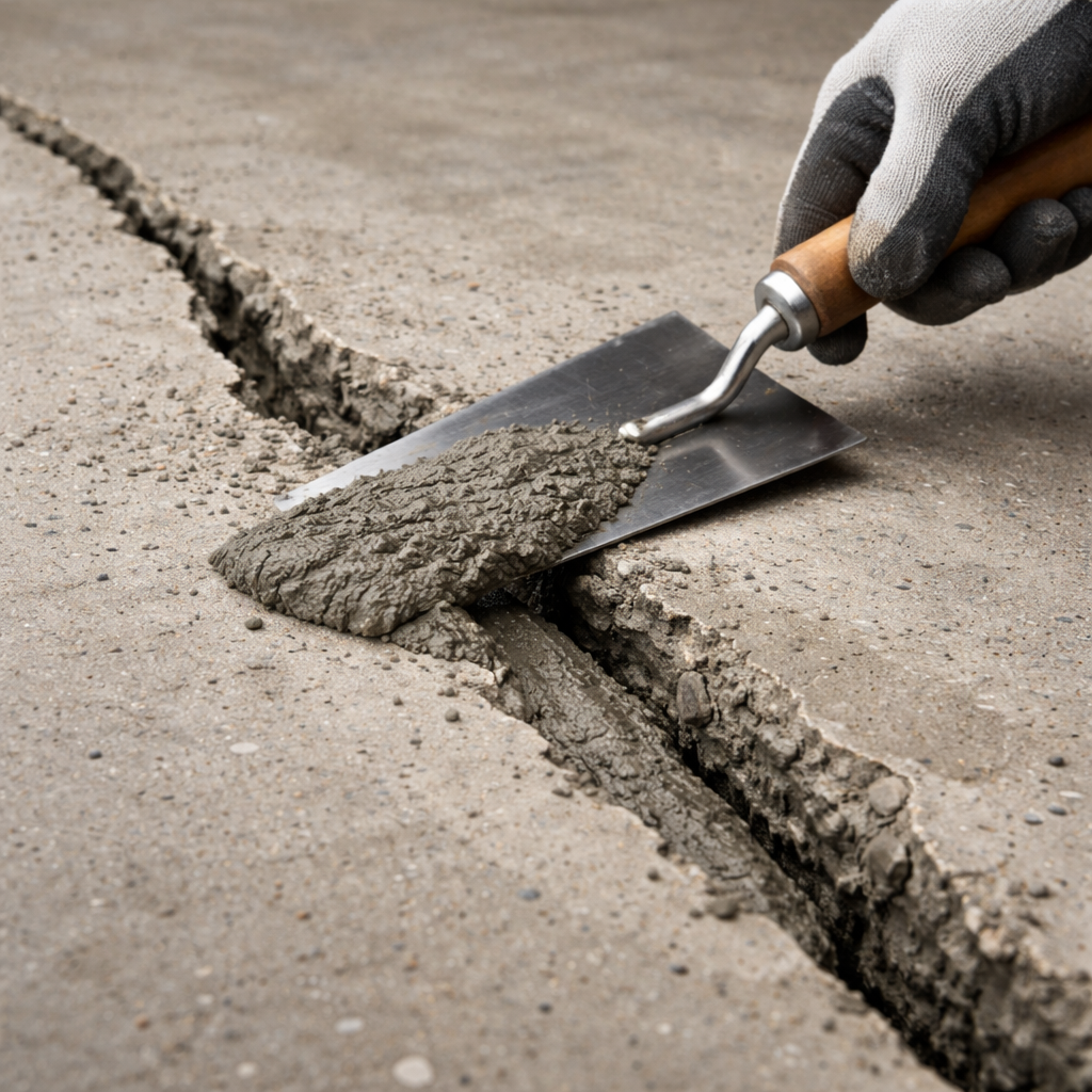 A realistic close‑up of a freshly mixed concrete crack filler being troweled into a deep crack on a garage floor. Alt: concrete crack filler application in progress