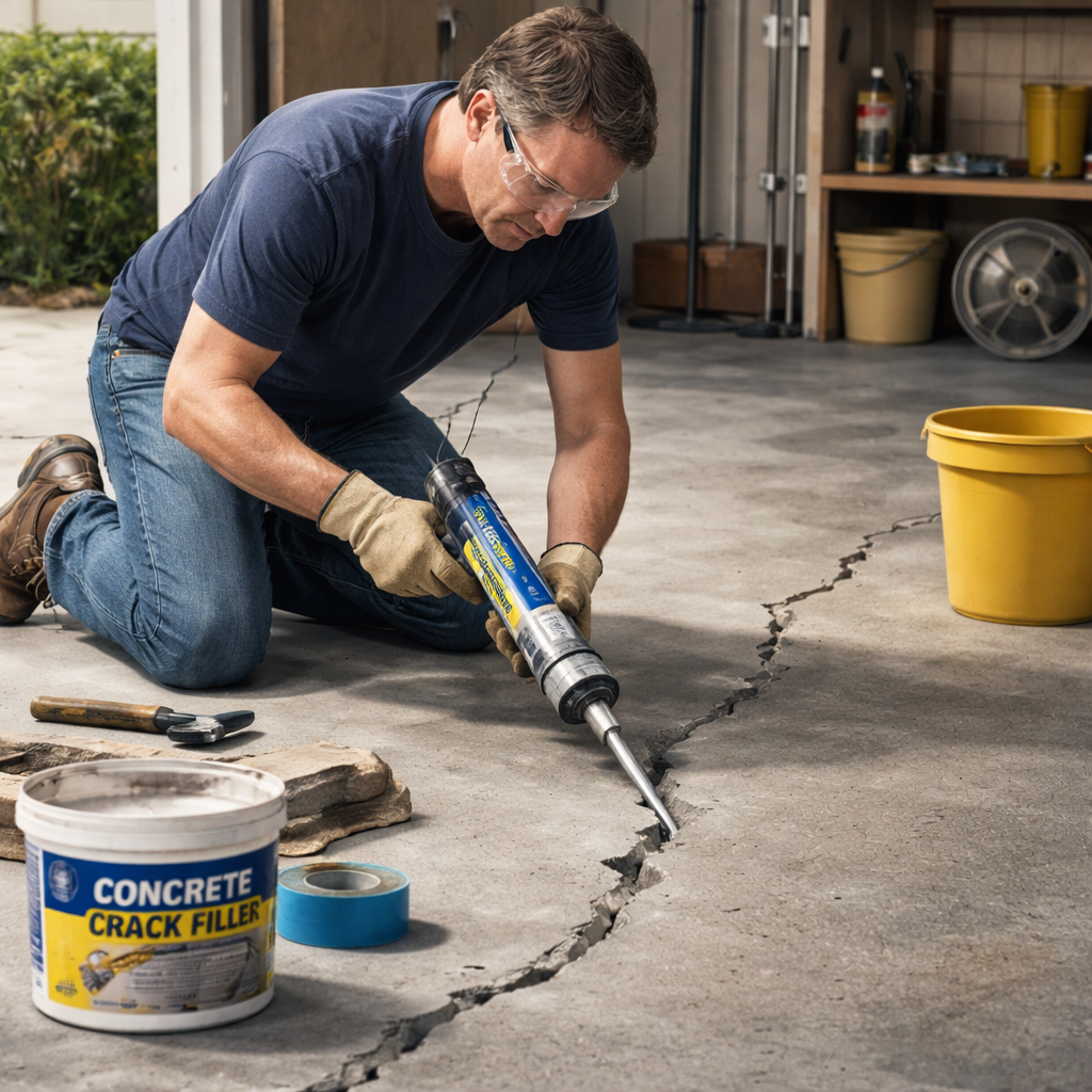 A realistic illustration of a homeowner applying concrete crack filler to a large garage floor crack, with tools and safety gear visible. Alt: applying top‑rated concrete crack filler in a garage