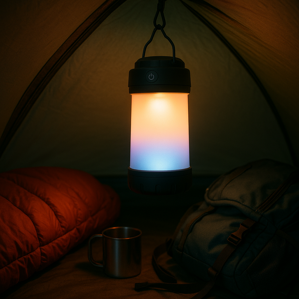 Close-up of a camping lantern hanging inside a tent emitting soft colored light illuminating camping gear. Alt: Rechargeable camping lantern UK glowing inside tent creating cozy ambiance.