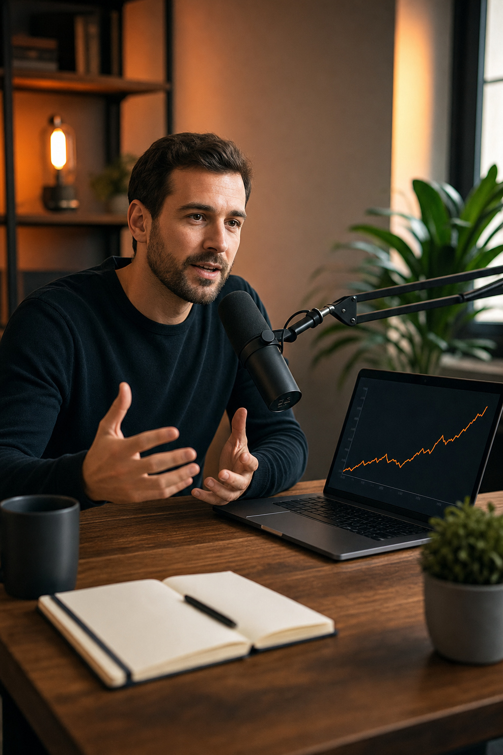 A cinematic shot of a founder speaking on a podcast microphone in a home office, with a laptop showing a graph trending upward. Alt: Profitable Founder Podcast mastermind session with growth chart
