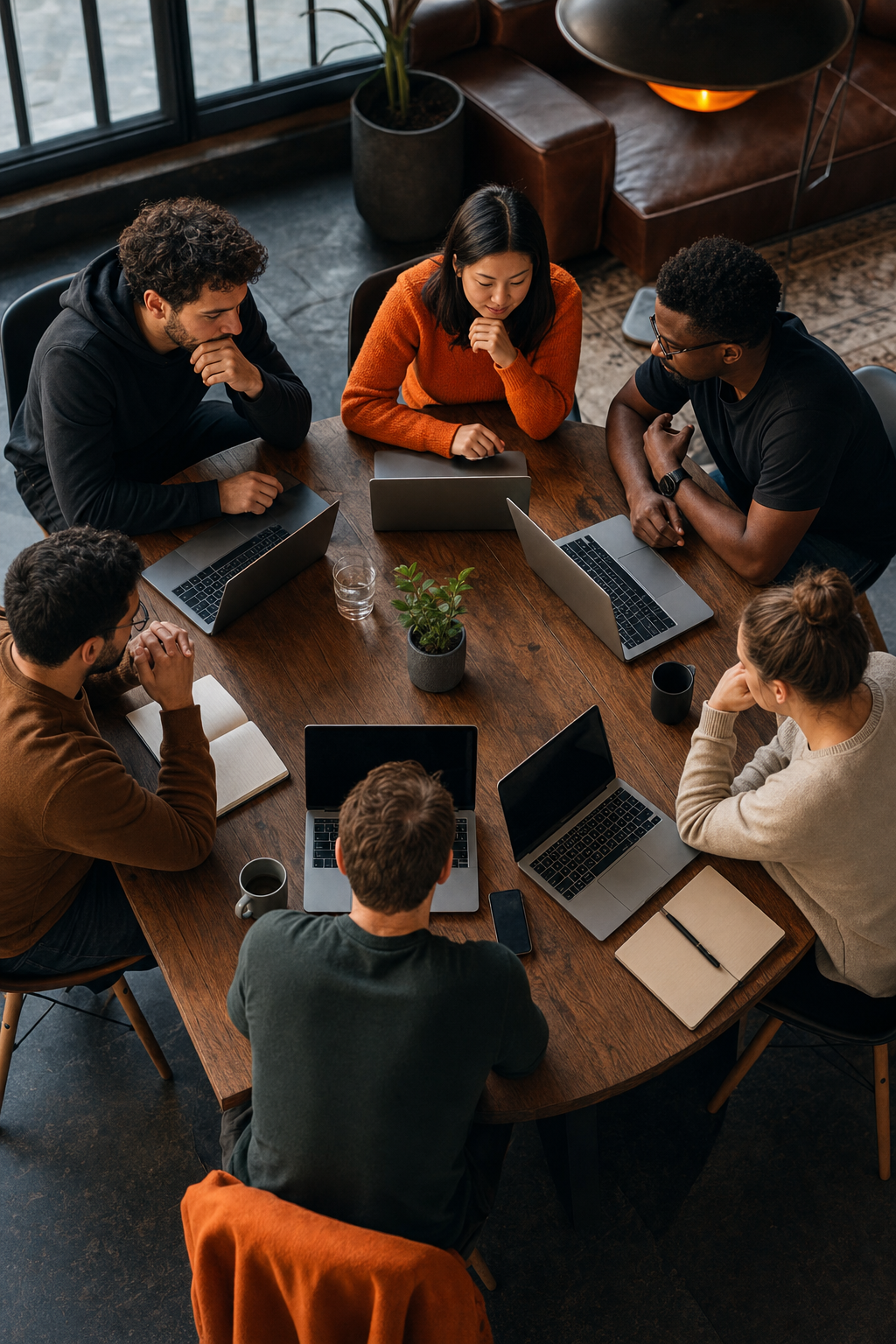A cinematic overhead shot of a diverse group of founders around a table with laptops, collaborating intensely. Alt: MicroConf mastermind group meeting