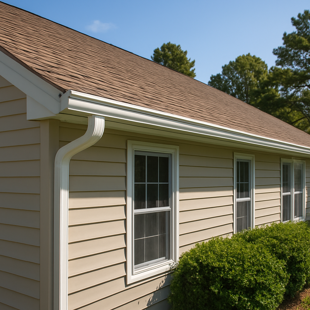 A photorealistic, real-world scene of a Virginia Beach home with seamless gutters along a sunlit roofline, showing a tidy, low-profile gutter system. Alt: Seamless gutters Virginia Beach installation on residential home.