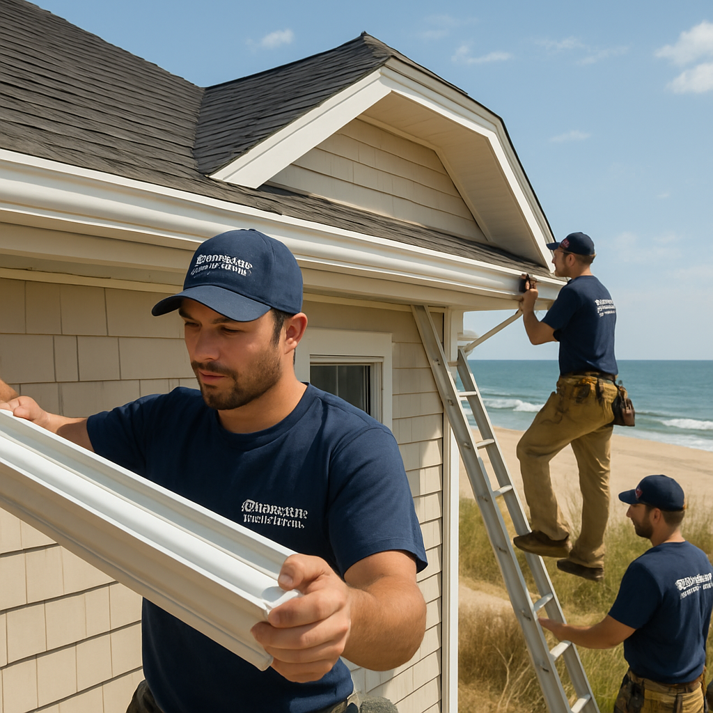 A photorealistic scene of a crew from Oceanview Gutter Works installing seamless gutters on a Virginia Beach home, showing the continuous aluminum run, hidden brackets, and a sunny coastal backdrop. Alt: seamless gutters virginia beach fast installation by professionals