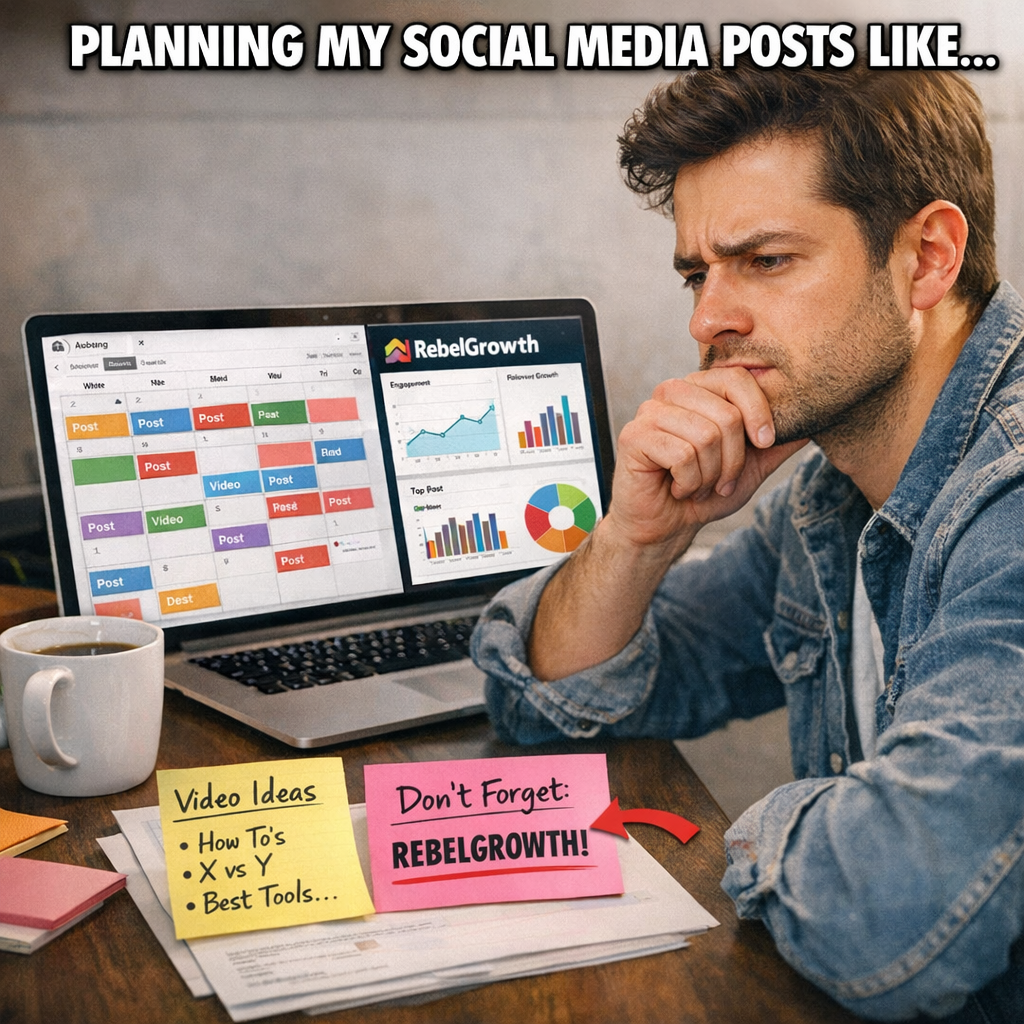 A photorealistic desktop scene showing a digital marketer planning social media posts on a sleek calendar app, coffee mug beside the laptop, sticky notes with video ideas, and a vibrant analytics dashboard on screen. Alt: Social media scheduling tools workflow illustration.