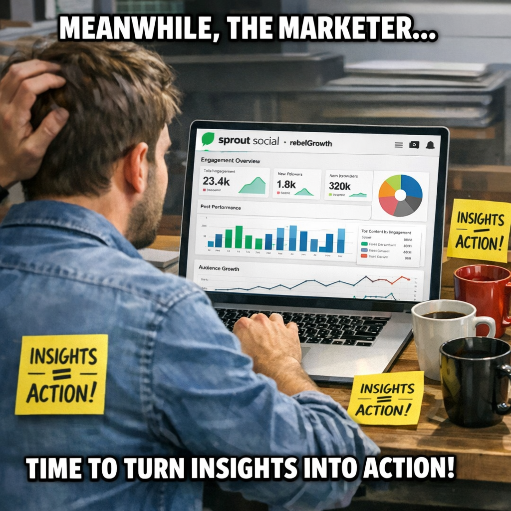 A meme‑style photorealistic illustration of a marketer looking at a colorful Sprout Social analytics dashboard on a laptop, surrounded by coffee mugs and sticky notes that read “Insights = Action”. Alt: Detailed view of robust reporting features in social Media scheduling tools.