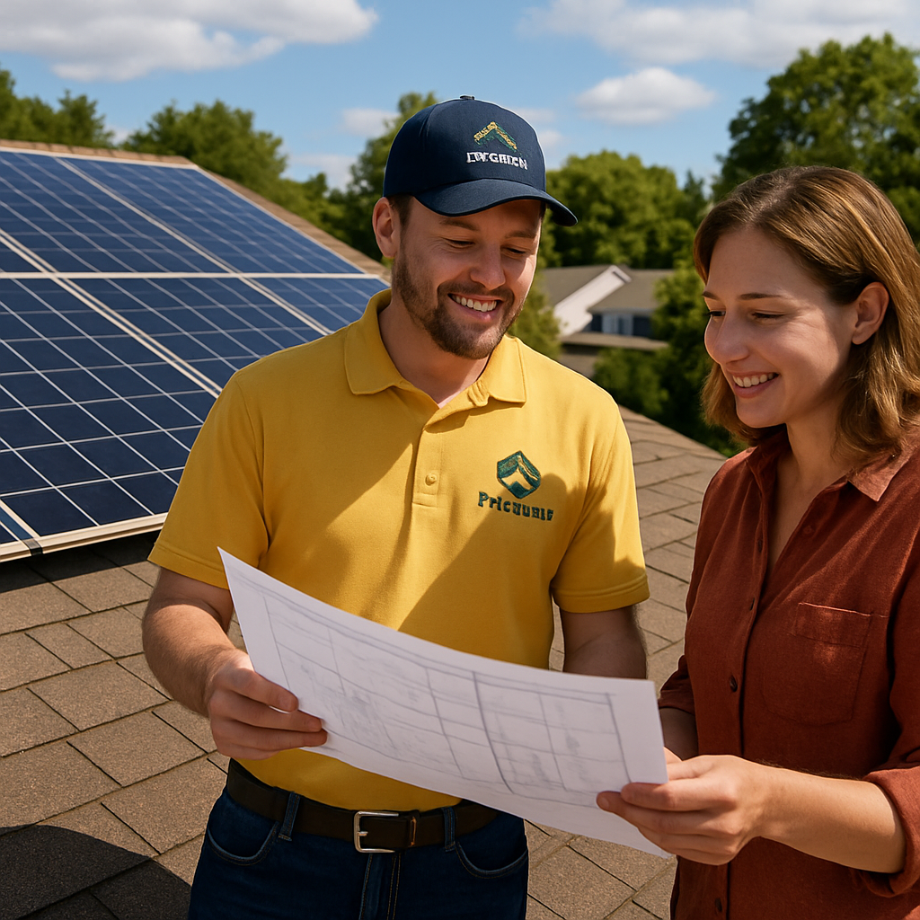 A sunny suburban rooftop with newly installed solar panels, a friendly technician reviewing plans with a homeowner. Alt: Pep Energy solar installation on a residential roof, showcasing local expertise and clean energy benefits.