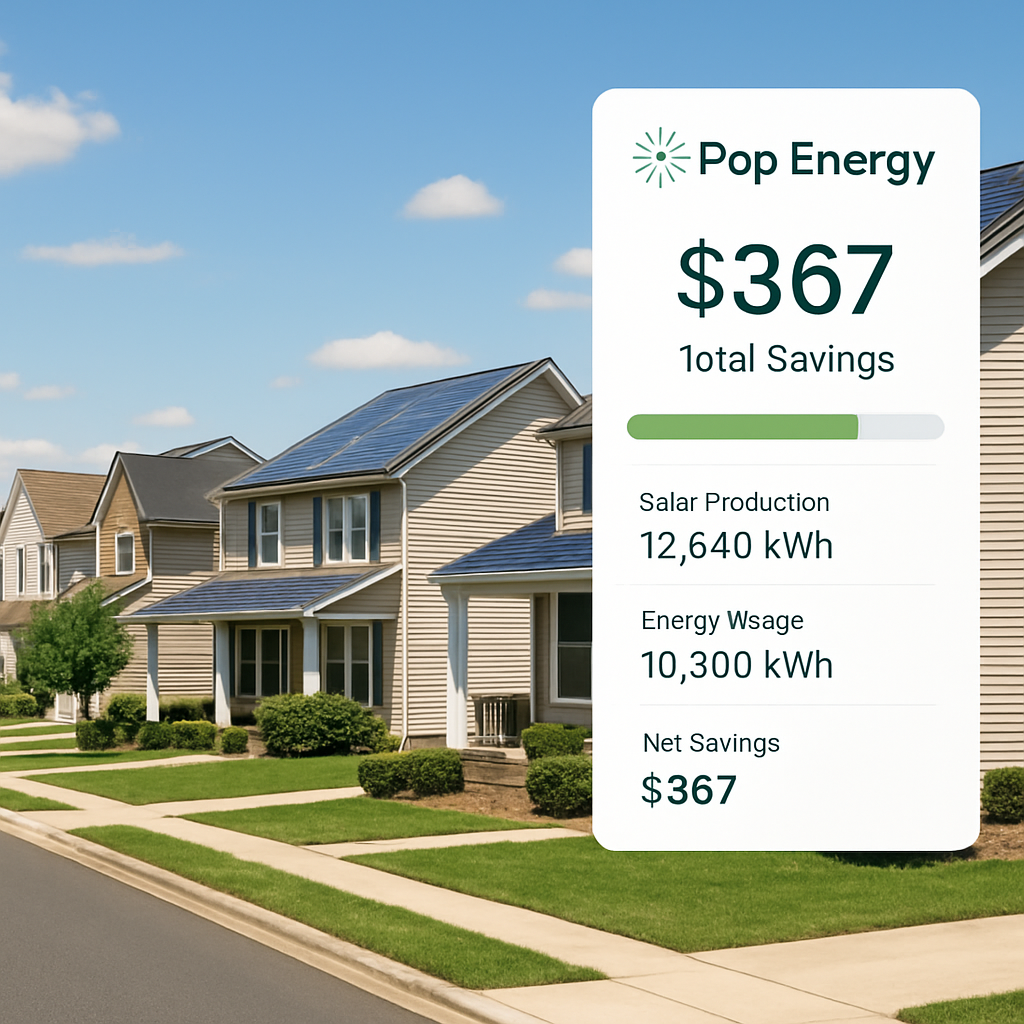 A sunny suburban street with multiple houses, some with solar panels, a visible community solar array in the background, and a digital dashboard overlay showing savings. Alt: GreenRay Energy innovative financing options illustration