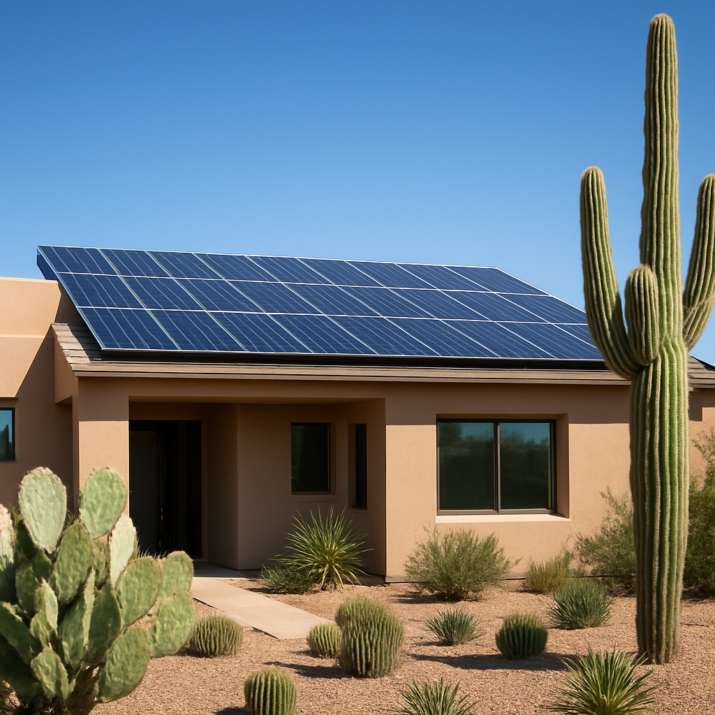 A modern Arizona home with rooftop solar panels glinting in the midday sun, a cactus garden in the foreground, and a clear blue sky. Alt: Arizona solar installation home energy independence