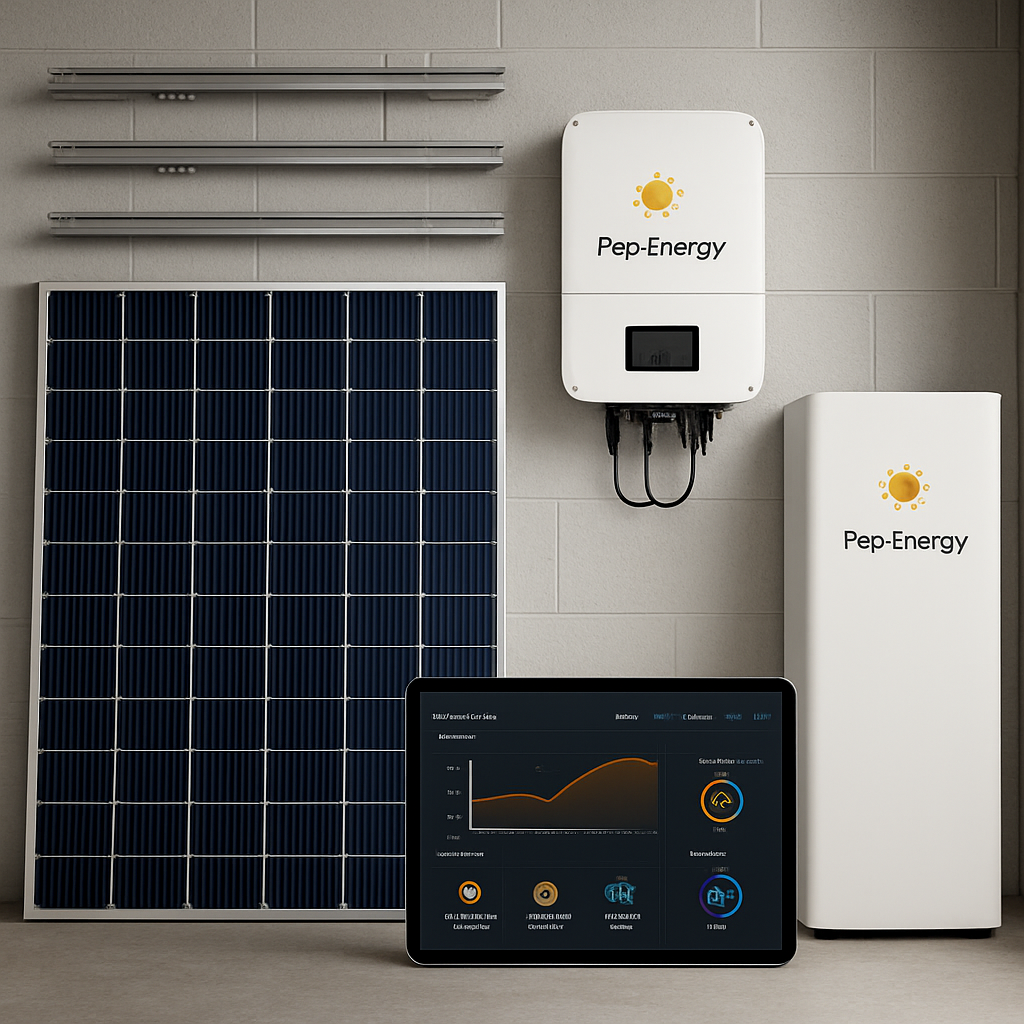 A high‑resolution collage of solar panels, inverter screen, mounting rails, monitoring dashboard on a tablet, and a battery storage unit installed in a garage. Alt: Visual showcase of technology and equipment used by a leading Arizona solar installer.