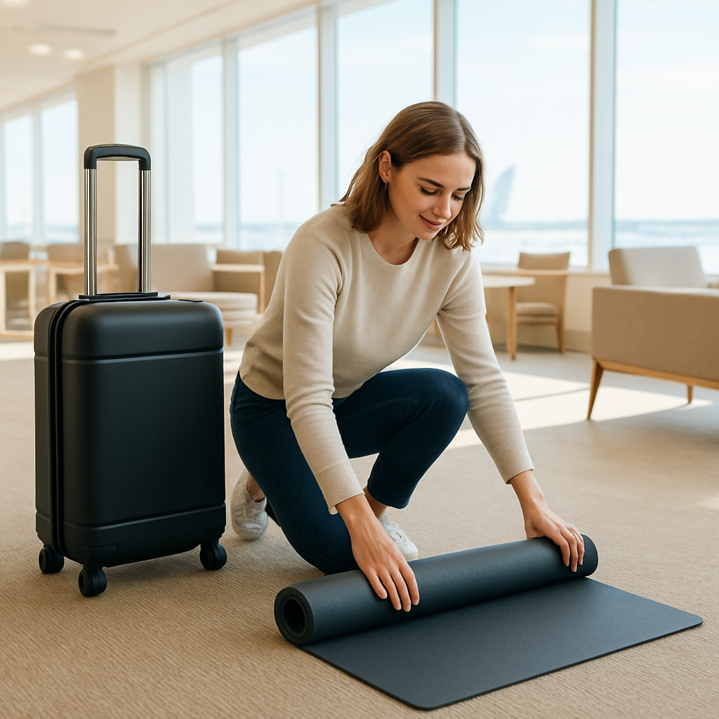 A bright, airy airport lounge with a traveler unrolling a sleek, thin yoga mat on a soft carpet. Alt: Lululemon travel yoga mat lightweight comfort in an airport setting.
