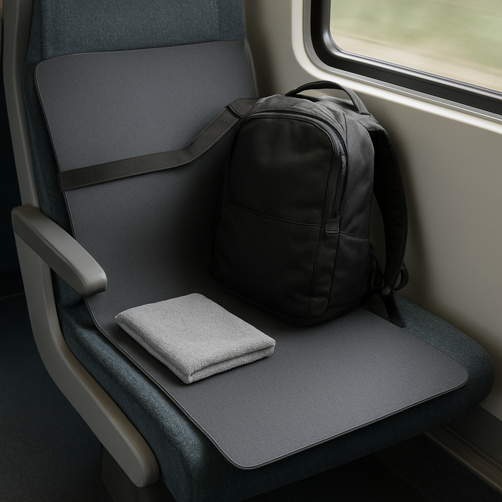 A sleek YogaMate Ultra‑Light Travel Mat unfolded on a train seat, with its built‑in strap looped around a backpack, showcasing its thin profile and included towel. Alt: Ultra‑light travel yoga mat with strap and towel for on‑the‑go practice.