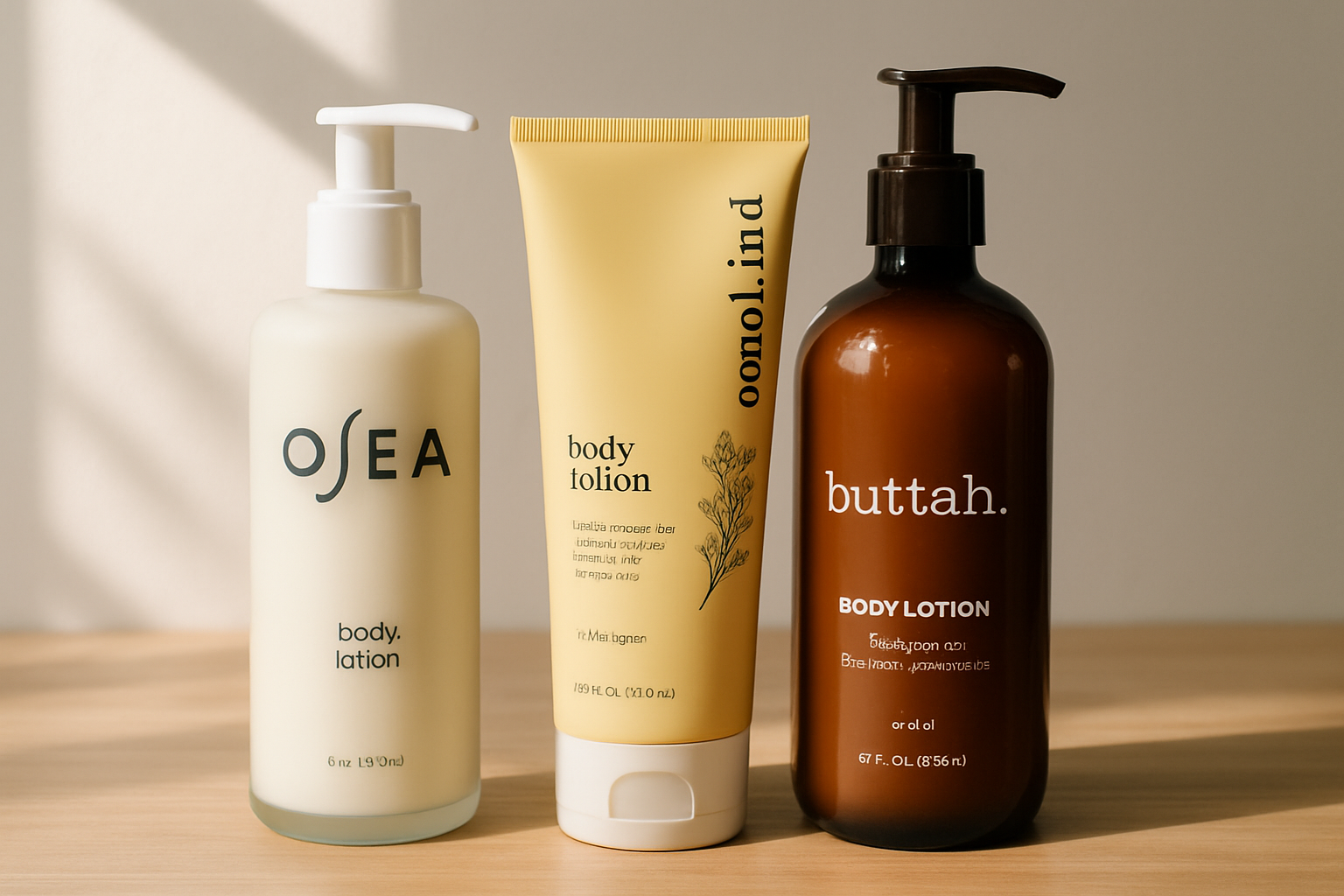 Collection of vegan body lotions including OSEA, Cocokind, and Buttah in natural light. Alt: Selection of best vegan body lotion for sensitive skin with eco-friendly packaging.