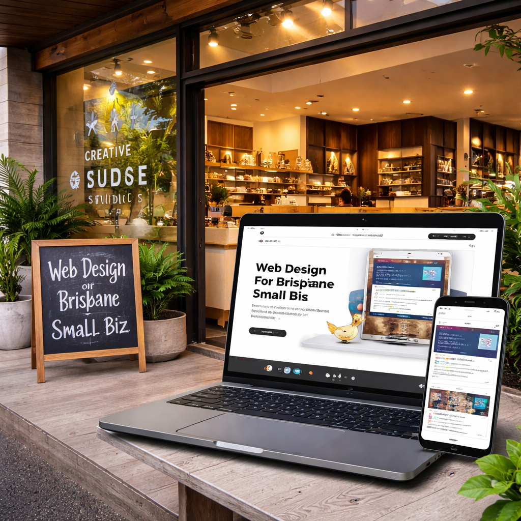 A modern Brisbane storefront with a sleek website displayed on a laptop and a mobile phone, showing responsive design elements. Alt: Creative Pulse Studios web design showcase for Brisbane small businesses.
