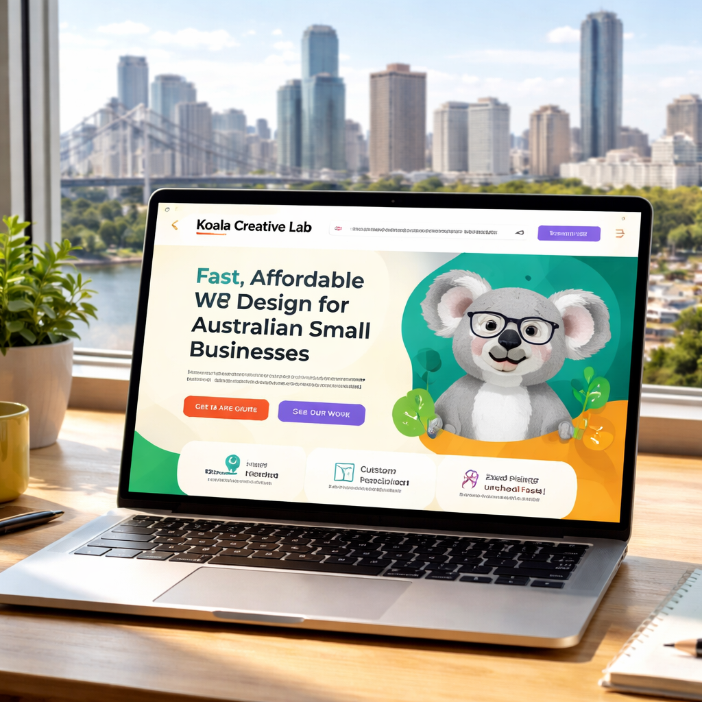 A clean, modern website mockup displayed on a laptop with a Brisbane cityscape visible through the window. Alt: Koala Creative Lab website design for Australian small businesses, fast affordable web design.