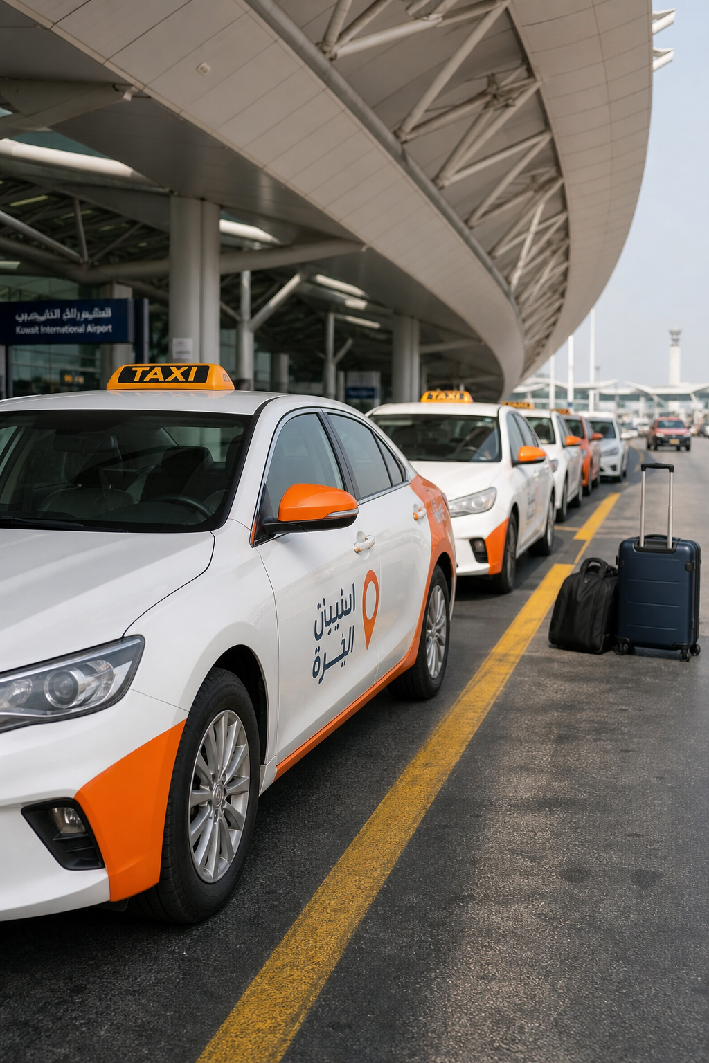 A realistic image of a row of economy taxis outside a Kuwait airport, with orange branding accents and luggage