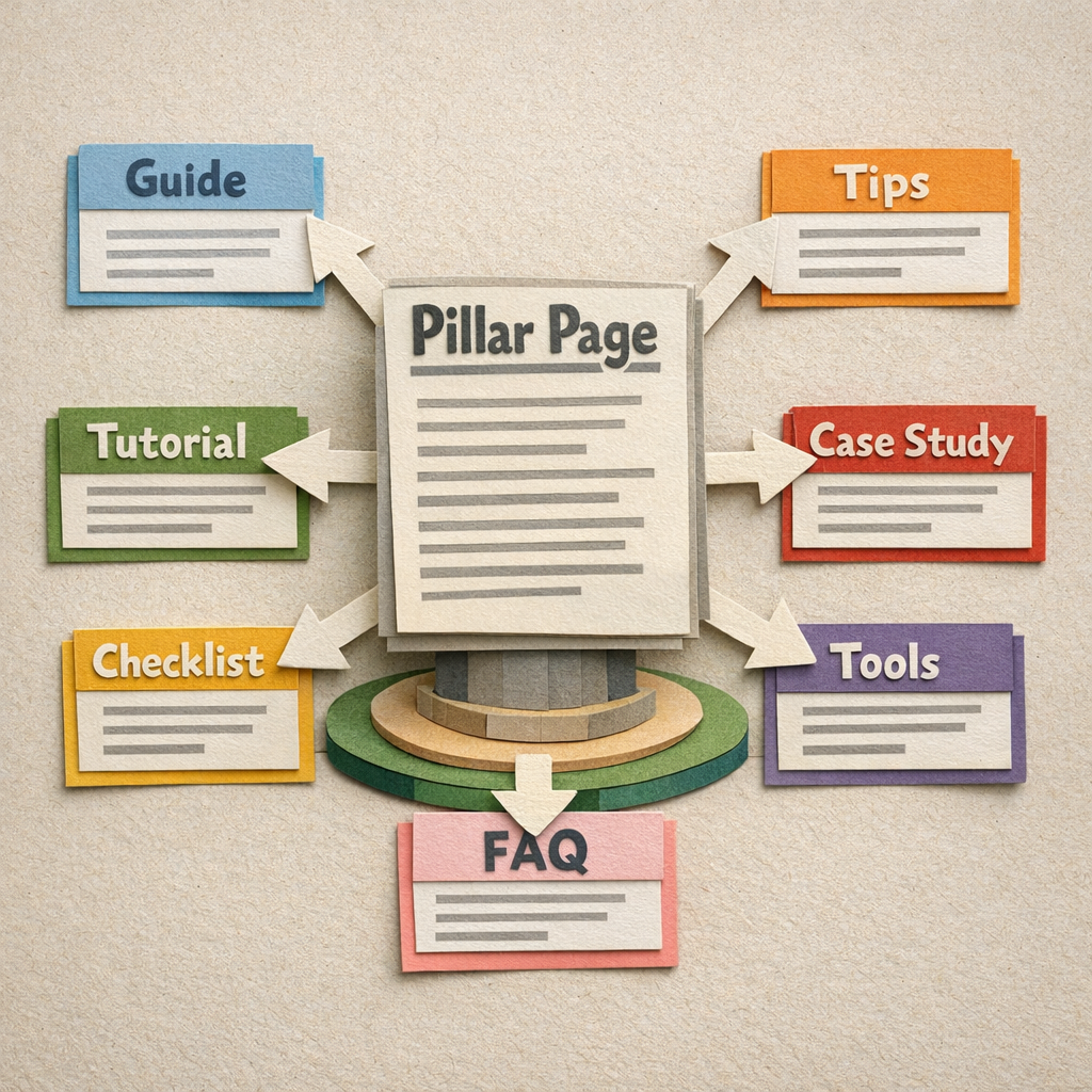 A Papercraft illustration of a central pillar page with branching sub‑topic cards around it, labeled with simple keywords, showing a clear content hub structure. Alt: topic cluster strategy visual.