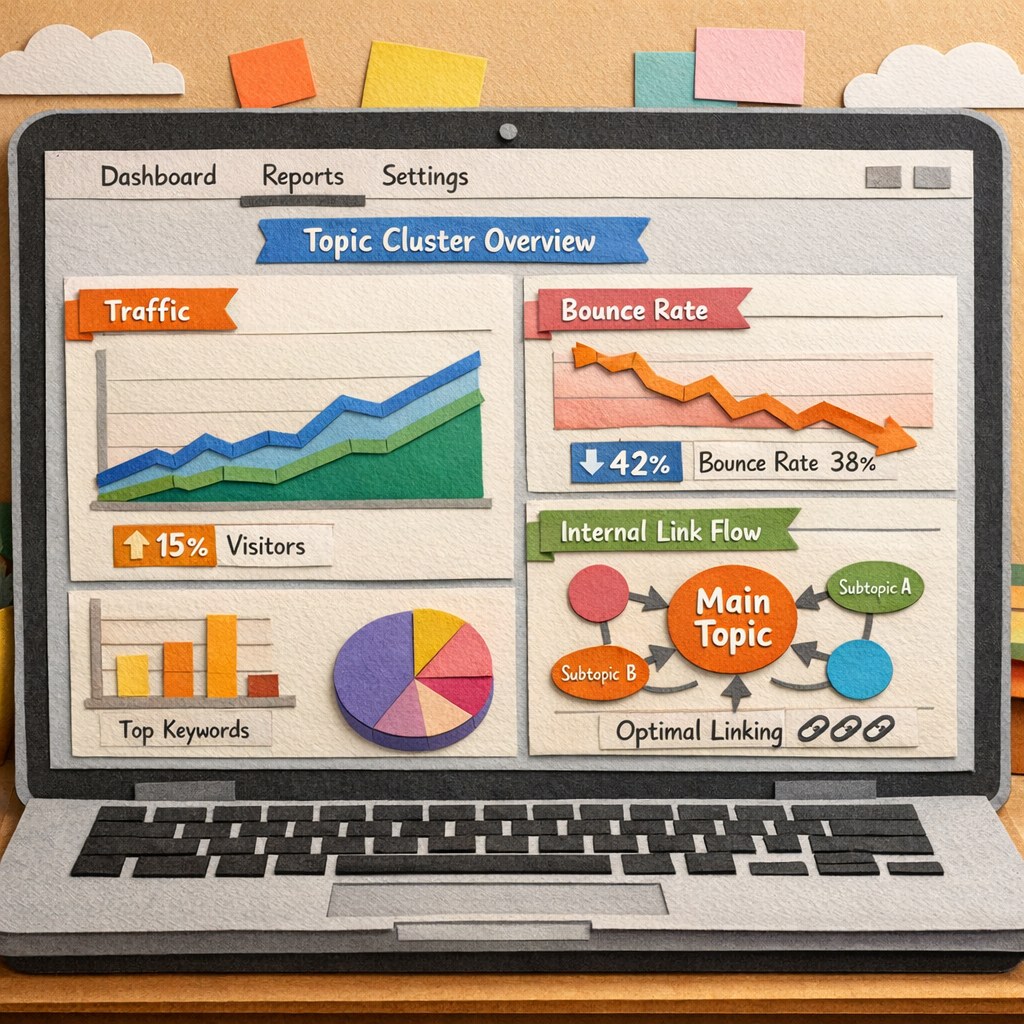 A Papercraft illustration of a laptop screen showing a dashboard with graphs of traffic, bounce rate, and internal link flow for a topic cluster strategy. Alt: dashboard view of topic cluster performance metrics.
