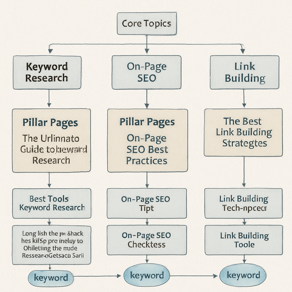 An illustrated flowchart showing core topics branching into pillar pages and supporting articles, with keyword bubbles and arrows. Alt: Topical map generator SEO core topics workflow