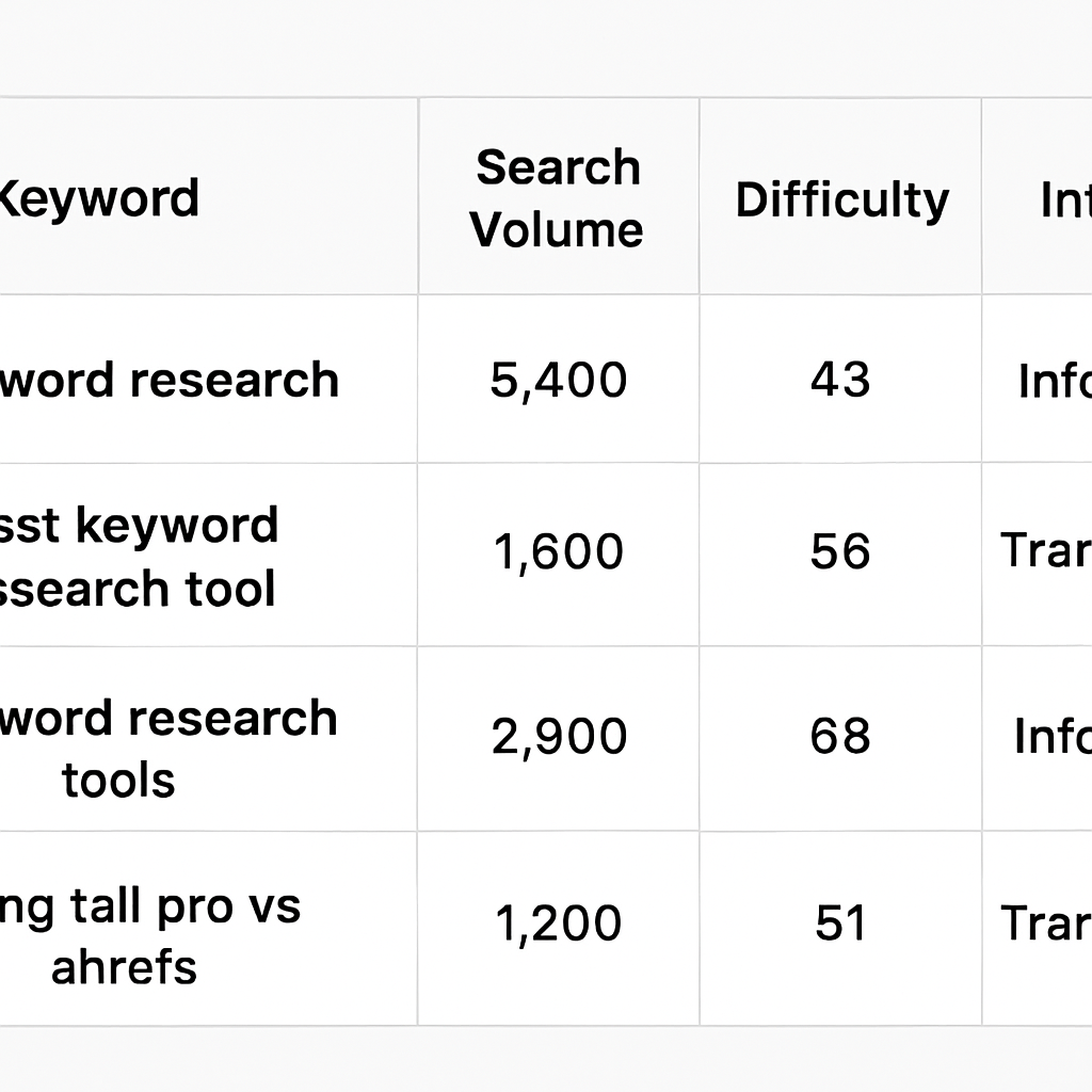 A clean spreadsheet view showing a comparison table with columns for keyword, search volume, difficulty, and intent. Alt: Comparison table for evaluating topical map clusters