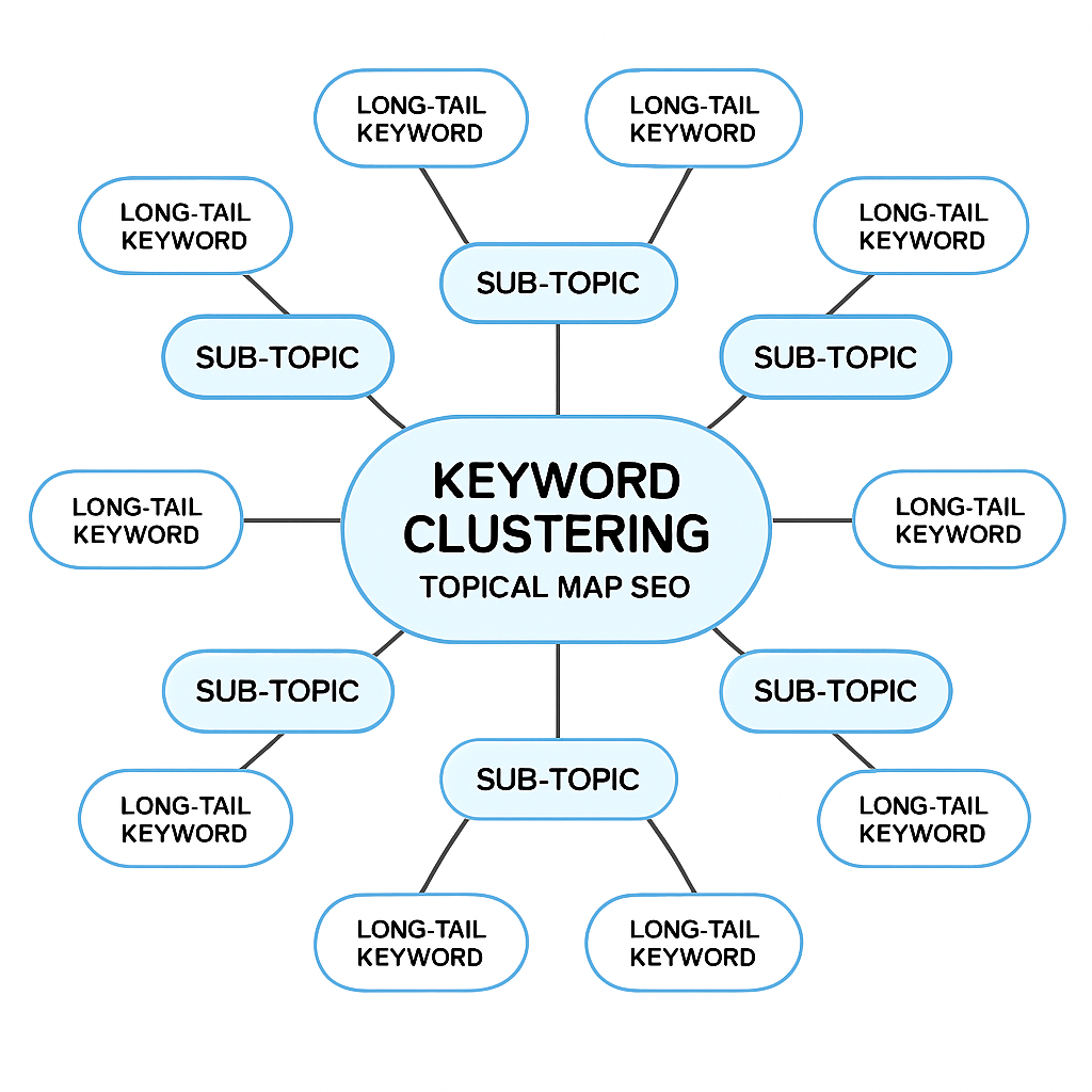 A clean digital mind‑map showing a central pillar topic with branching sub‑topics and long‑tail keywords, illustrating keyword clustering for topical map SEO. Alt: Keyword clustering visual for topical map SEO