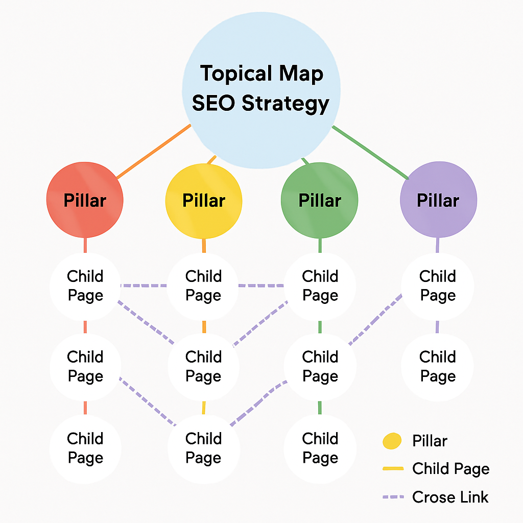 A clean, color‑coded mind‑map of a topical map SEO strategy with pillars, child pages, and cross‑links highlighted. Alt: Detailed topical map SEO diagram showing validated internal linking structure.