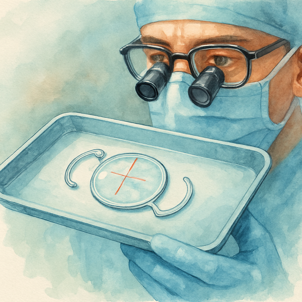 A close‑up of an ophthalmic surgeon examining a toric intraocular lens on a sterile tray, showing the lens’s marked axis and haptic design. Alt: Toric lens cost breakdown visual