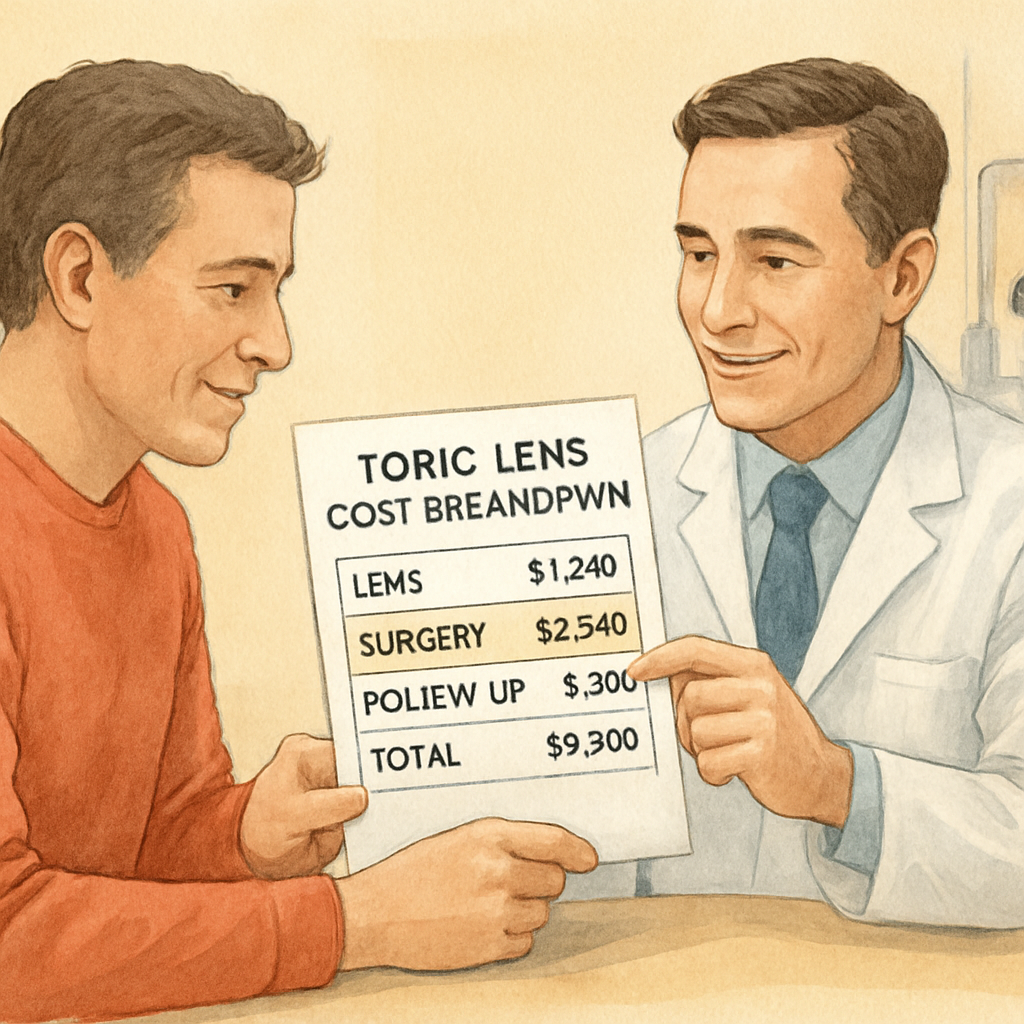 A friendly ophthalmology consultation where a patient and surgeon review a printed cost breakdown together. Alt: Detailed toric lens cost breakdown with line items highlighted.