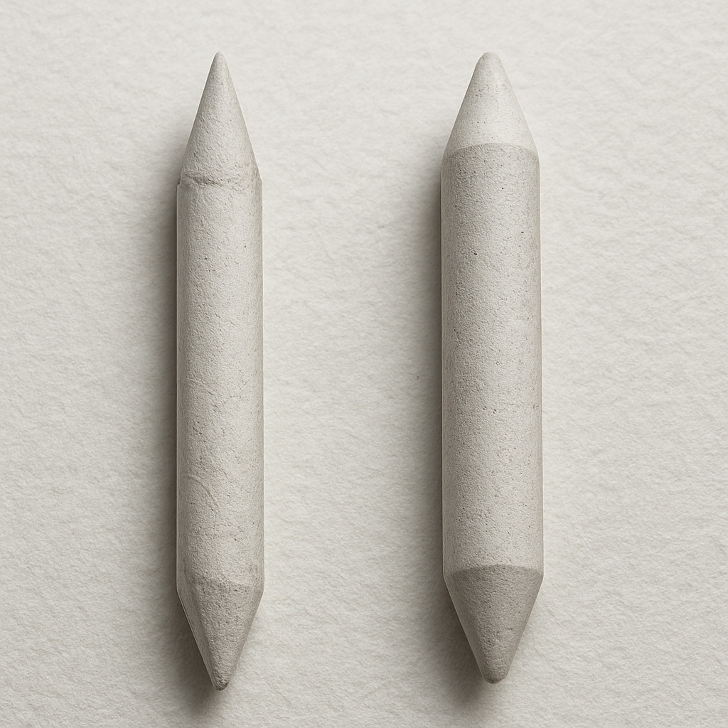 A photorealistic close-up of a tortillon and a blending stump lying side by side on textured sketch paper, showing the difference in shape and texture. Alt: tortillon vs blending stump comparison for artists.